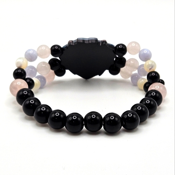 VINTAGE Lee Sands Lion Face Mother of Pearl Onyx Inlay Stretch Beaded Bracelet - Picture 5 of 5